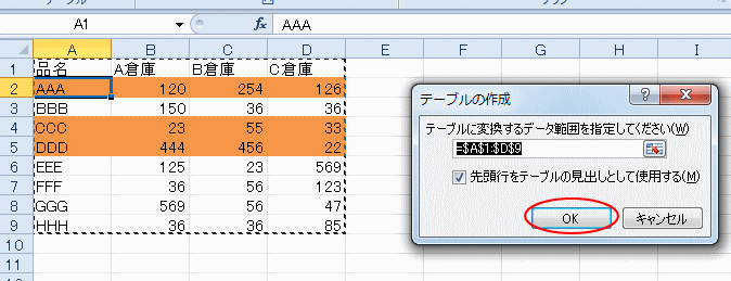 テーブルの作成