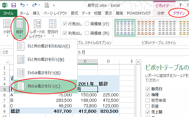 列のみ集計を行う
