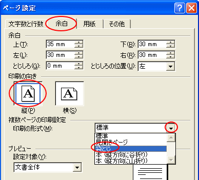 ページ設定ダイアログボックス 余白タブ