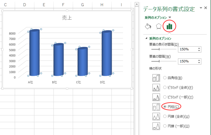 ［データ系列の書式設定］の［系列のオプション］-［円柱］