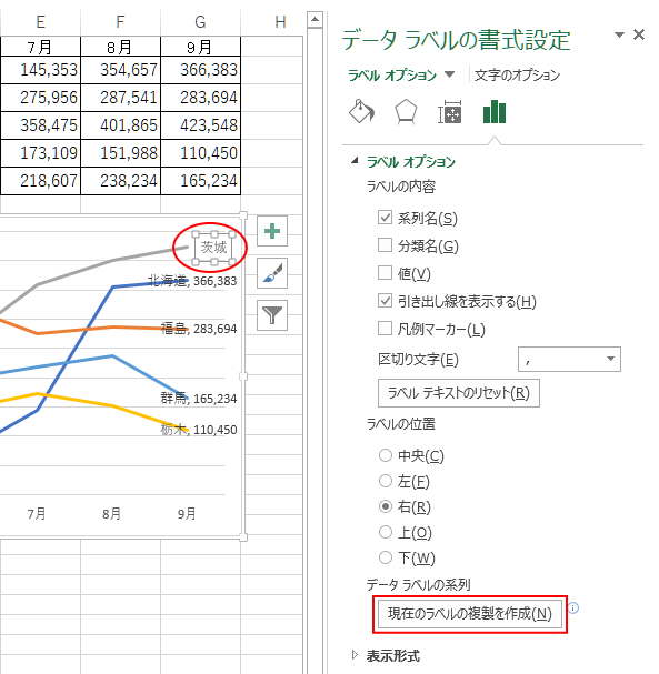 1つの要素を選択している場合の［データラベルの書式設定］