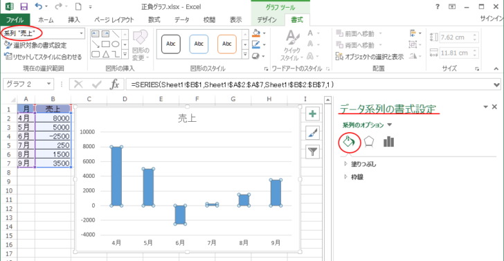 ［データ系列の書式設定］作業ウィンドウの［塗りつぶしと線］