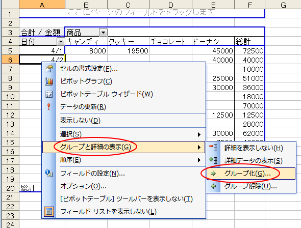 ショートカットメニューの［グループと詳細の表示］-［グループ化］
