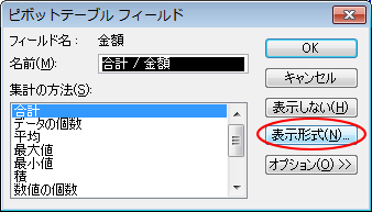 ［ピボットテーブル フィールド］ダイアログボックスの［表示形式］
