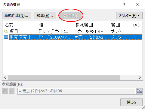 ［削除］ボタンが無効になっている［名前の管理］ダイアログボックス