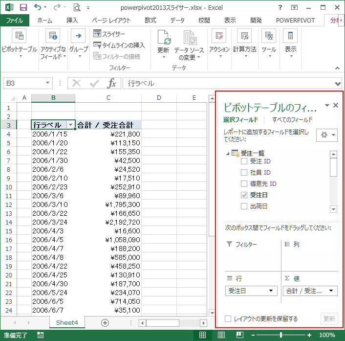 powerpivot2013のフィールドリスト