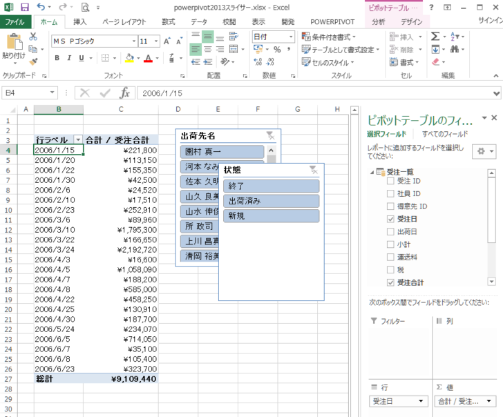 ２つのスライサーの表示