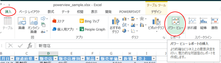 ［挿入］タブの［レポート］グループにある［パワービュー］