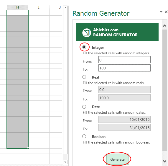 ［Random Generator］作業ウィンドウの［Generate］
