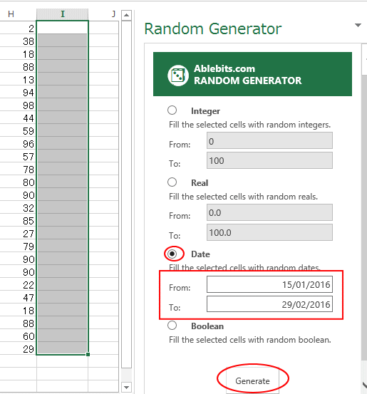 ［Random Generator］作業ウィンドウで［Date］を選択