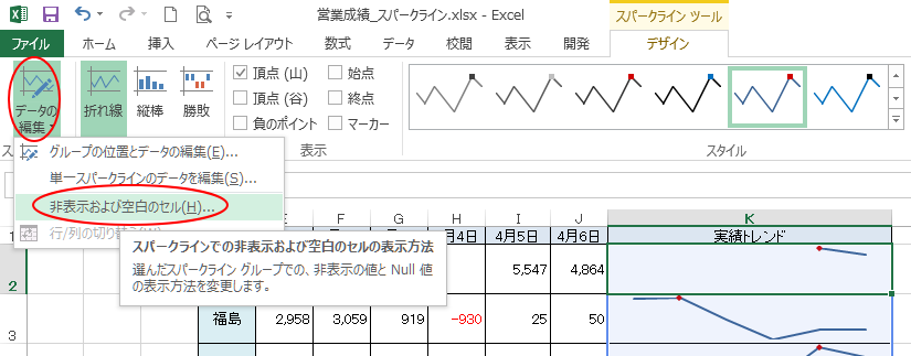 ［データの編集］の［非表示および空白のセル］