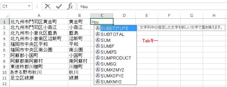 関数候補一覧から［SUBSTITUTE］を選択