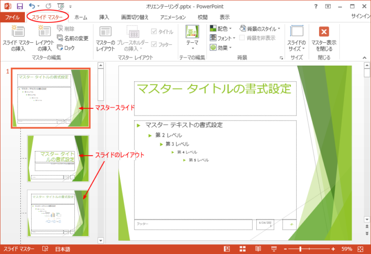 スライドマスター表示の［マスタースライド］と［スライドのレイアウト］