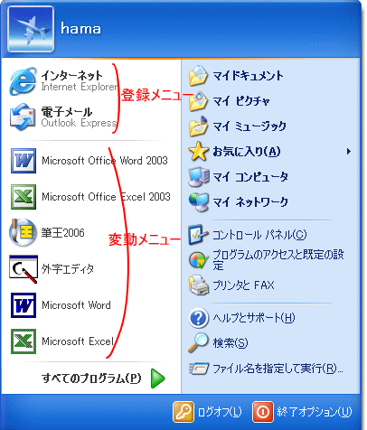 WindowsXPの［登録メニュー］と［変動メニュー］