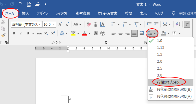 Word2019の［行間のオプション］