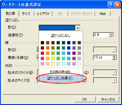 ［ワードアートの書式設定］ダイアログボックスの［塗りつぶし効果］