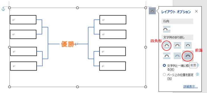 ［レイアウトオプション］の［文字列の折り返し］-［四角形］と［前面］