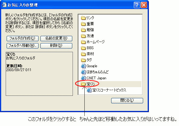 ［お気に入りの整理］ダイアログボックスで移動を確認