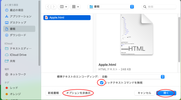 ［オプション］をクリックして［リッチテキストコマンドを無視］のチェックボックスをオン