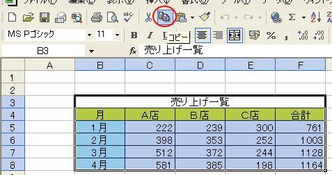 Excelの［標準］ツールバーの［コピー］
