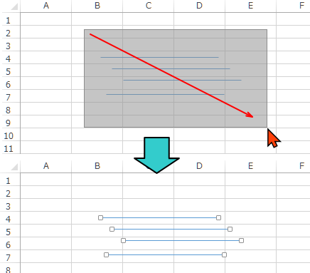 Excel2013［オブジェクトの選択］で直線をドラッグで選択