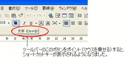 ［太字］ボタンにショートカットキーがポップヒントで表示