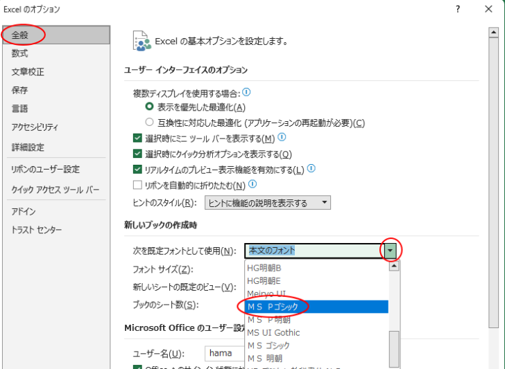 ［Excelのオプション］の［基本設定］-［次を既定フォントとして使用］