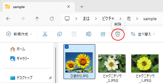 Windows 11エクスプローラーの［削除］