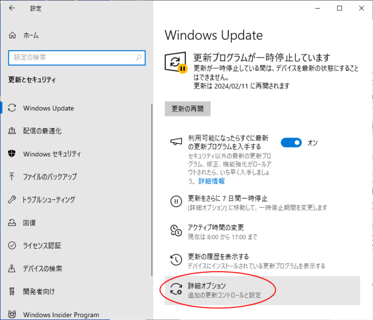 Windows Updateの［詳細オプション］