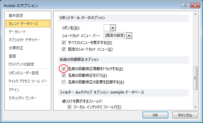 ［Accessのオプション］にある［カレントデータベース］-［名前の自動修正情報をトラックする］