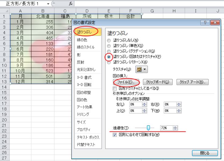 ［図の書式設定］ダイアログボックスの［塗りつぶし］の［塗りつぶし（図またはテクスチャ）］を選択