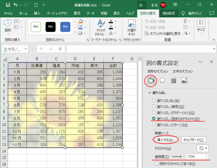 ［図の書式設定］作業ウィンドウの［塗りつぶしと線］の［塗りつぶし］-［塗りつぶし（図またはテクスチャ）］