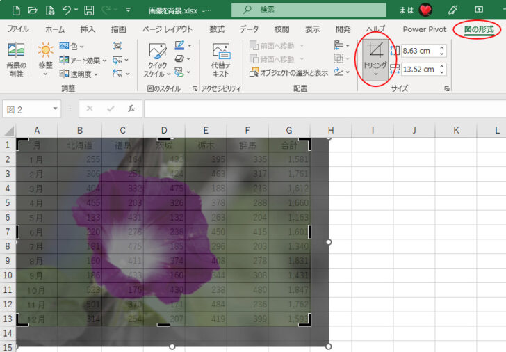 ［図の形式］タブの［トリミング］