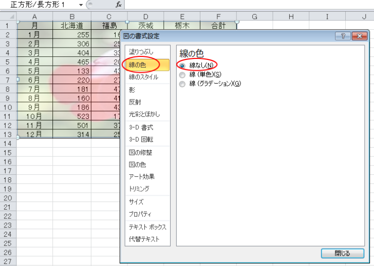 ［図の書式設定］ダイアログボックスの［線の色］の［線なし］