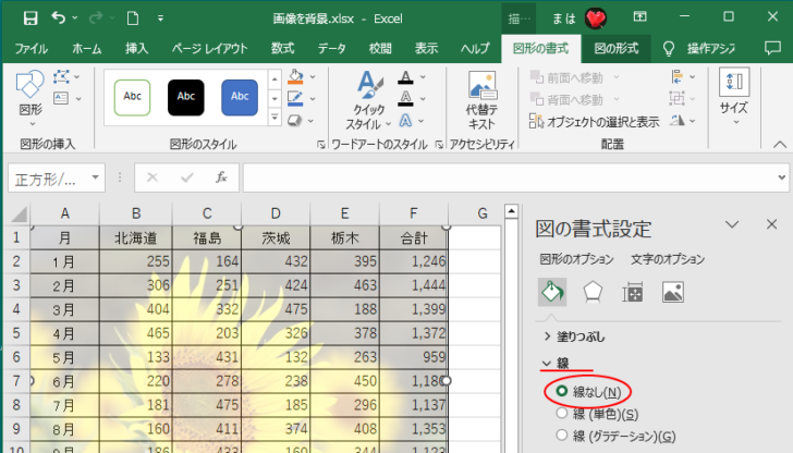 ［図の書式設定］作業ウィンドウの［塗りつぶしと線］から［線］-［線なし］