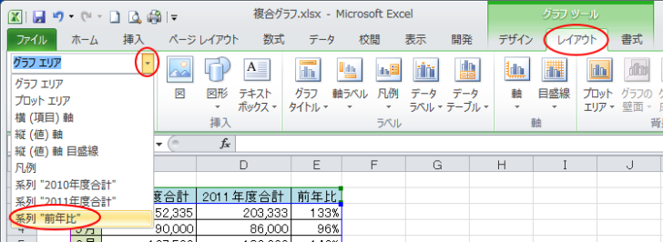 ［レイアウト］タブの［現在の選択範囲］グループにある［グラフの要素］-［系列"前年比"］