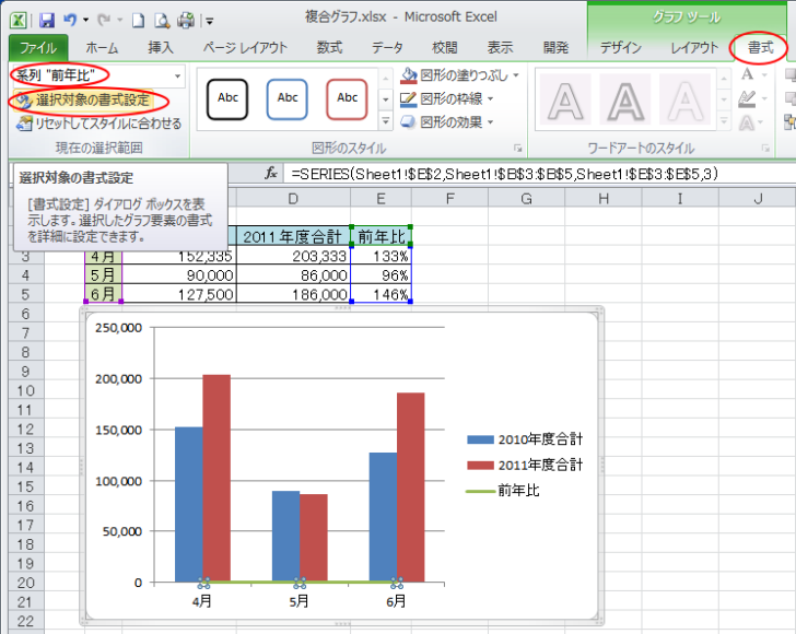 ［書式］タブの［選択対象の書式設定］