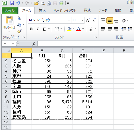 ［印刷範囲の設定］をした結果