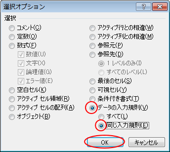 ［選択オプション］ダイアログボックス-［データの入力規則］と［同じ入力規則］