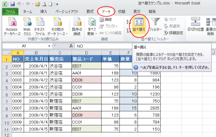 ［データ］タブの［並べ替えとフィルター］グループにある［並べ替え］