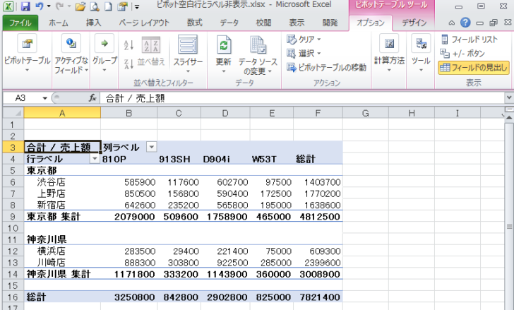 ［フィールドリスト］と［+/- ボタン］が非表示になったピボットテーブル