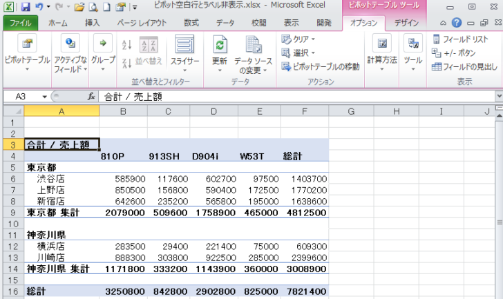 ［フィールドリスト］と［+/- ボタン］と［フィールドの見出し］が非表示になったピボットテーブル