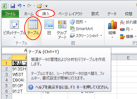［挿入］タブの［テーブル］グループにある［テーブル］