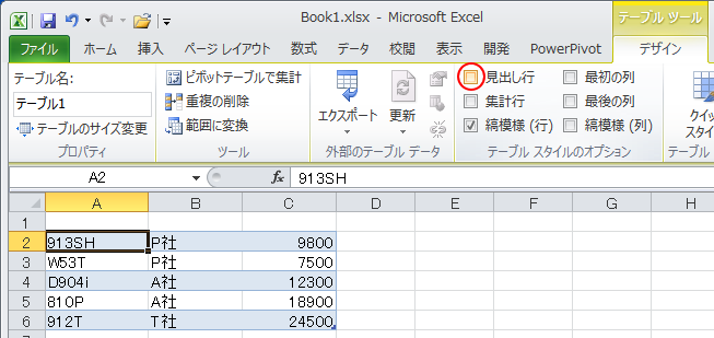 ［デザイン］タブの［テーブルスタイルのオプション］グループにある［見出し行］をオフ