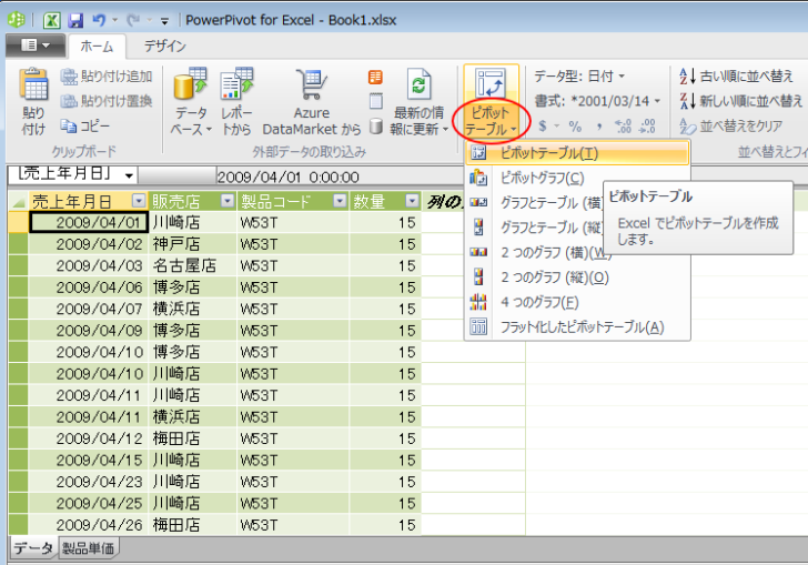 ［ホーム］タブの［ピボットテーブル］-［ピボットテーブル］
