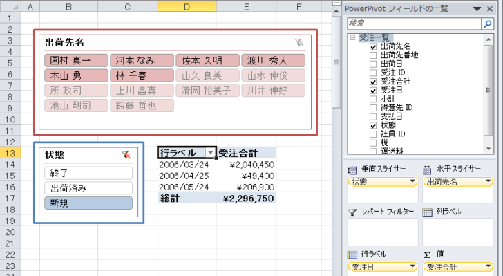 スタイルと枠線の書式設定をしたスライサー