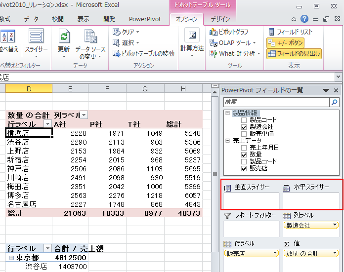 PowerPivotフィールドの一覧にある［垂直スライサー］と［水平スライサー］