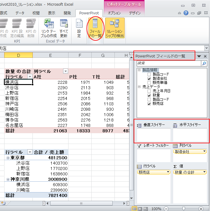 ［PowerPivotフィールドの一覧］の［垂直スライサー］と［水平スライサー］