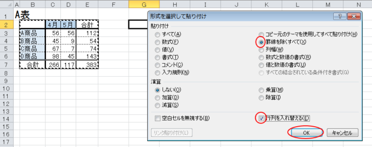 ［形式を選択して貼り付け］ダイアログボックスの［罫線を除くすべて］と［行列を入れ替える］