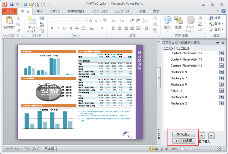 ［オブジェクトの選択と表示］の［すべて表示］と［すべて非表示］